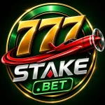 777 Stake Bet logo featuring gold 777 numbers, a red airplane graphic, metallic text, and a green circular emblem on a dark background.