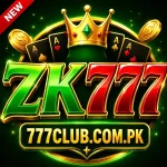 ZK777 Game logo featuring a golden crown, playing cards, coins, and bold 3D text with 777club.com.pk branding.