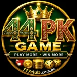 44PK Game logo featuring a golden crown, decorative gold lettering, casino chips, dice, coins, and the slogan “Play More • Win More” on a green circular emblem.