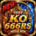 KO 666RS Mega Win game logo featuring a golden palace theme, 777 slot machine symbols, lightning effects, and a red NEW badge.